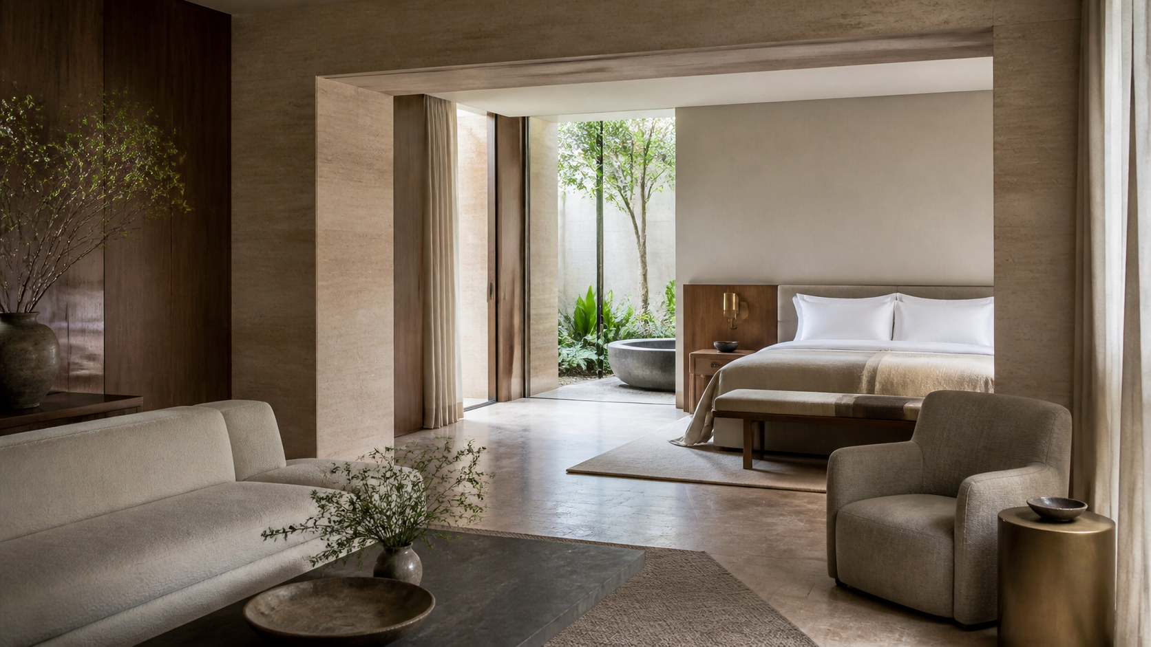 A calm suite framed by natural materials